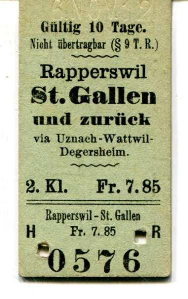 Fahrkarte Rapperswil – St. Gallen 2, Kl  ( 1911 – 1914 )
