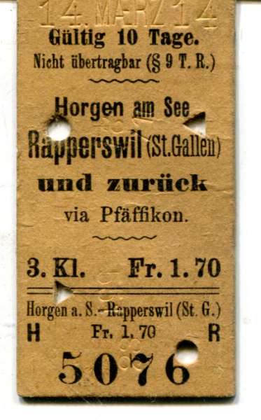 Fahrkarte Horgen am See – Rapperswil 3. Klasse 1914