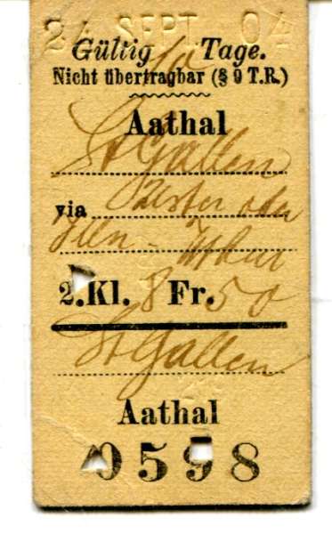 Fahrkarte Aathal – St. Gallen Handausgeschrieben 2. Klasse 1904