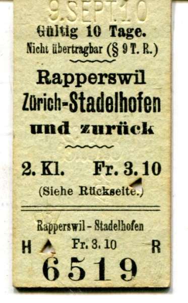 Fahrkarte Rapperswil – Zürich Stadelhofen 2. Klasse 1910