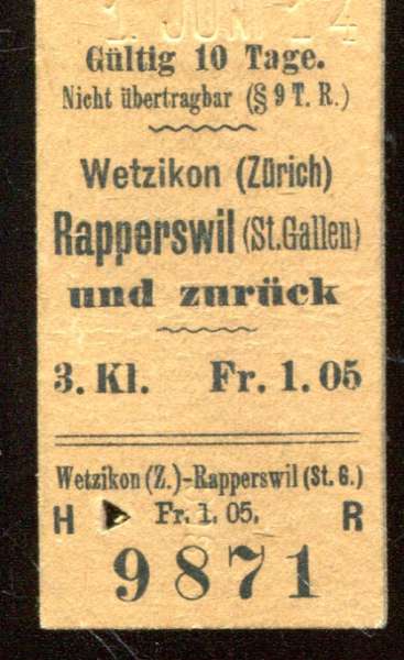 Fahrkarte Wetzikon – Rapperswil 3. Klasse 1914