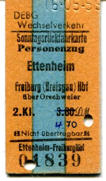 DEBG Wechselverkehr Fahrkarte Ettenheim – Freiburg 1959