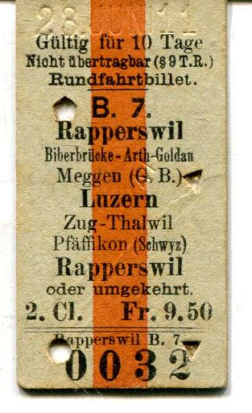 Fahrkarte Rundfahrtbillet Eapperswil – Arth-Goldau – Meggen – Luzern 2. Cl 1911