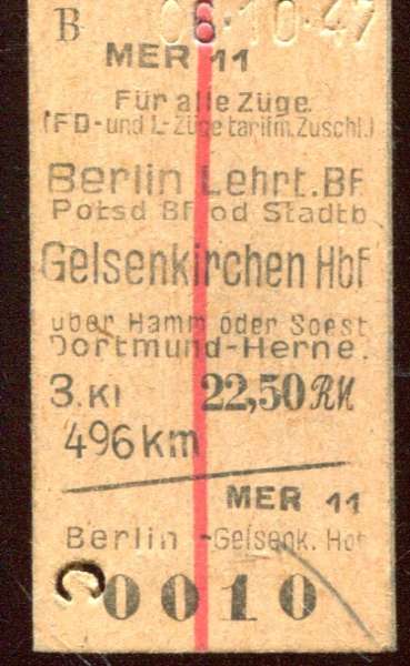 Fahrkarte Berlin Lehrter Bhf – Gelsenkirchen Schnellzug 3. Klasse 1947