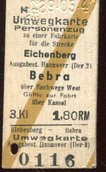 Umwegkarte Eichenberg – Bebra über Eschwege West1947 3. Klasse