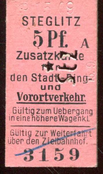 Zusatzkarte Berliner Stadt- Ring- und Vorortverkehr Steglitz 5 Pfennig 1909