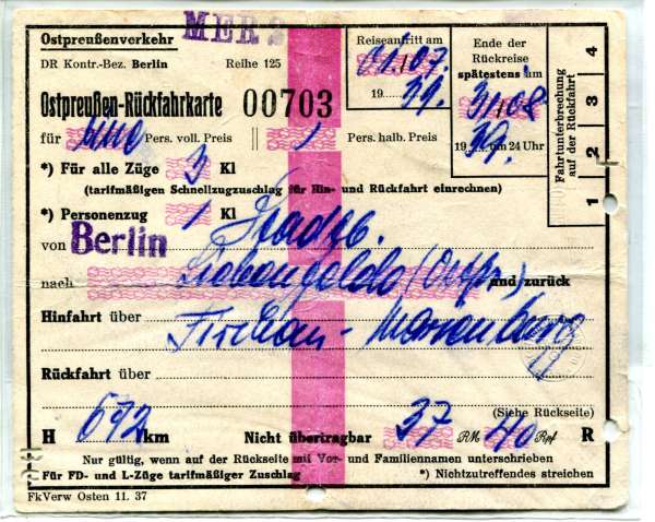 Ostpreußen-Rückfahrkarte Berlin Stadtbahn – Liebenfelde (Ostpr) 3. Klasse