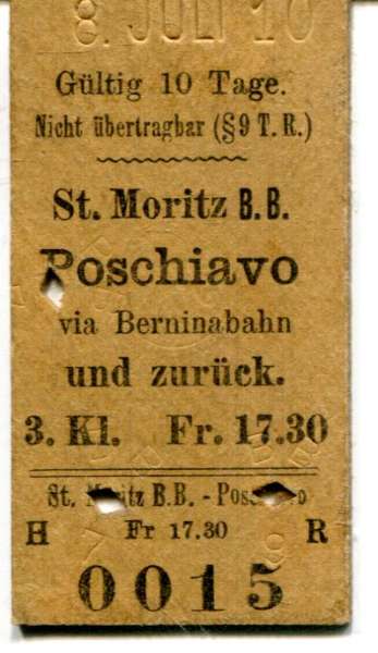 Fahrkarte St. Moritz – Poschiavo 3. Klasse 1910