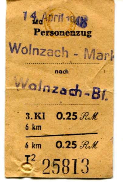 Fahrschein Wolnzach Markt – Wolnzach Bahnhof 0,25 RM 1948
