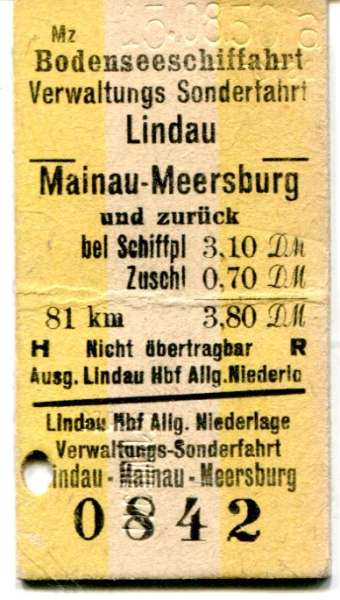 Fahrkarte Bodenseeschiffahrt Lindau – Mainau – Meersburg 1950