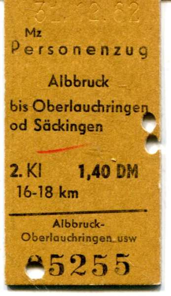 Fahrkarte Albbruck – Oberlauchringen Säckingen 1962