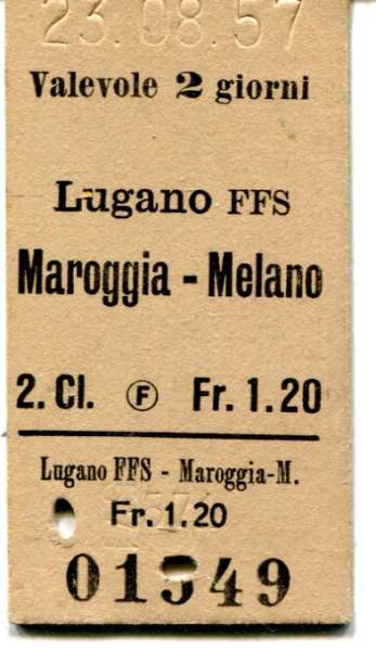 Fahrkarte Lugano FFS – Maroggia-Melano 1957