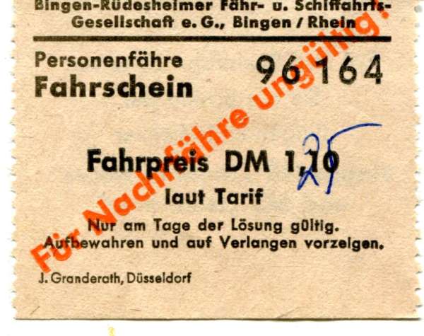 Fahrschein Fähre Bingen Rüdesheimer Schiffahrtsgesellschaft Für Nachtfähre ungültig !