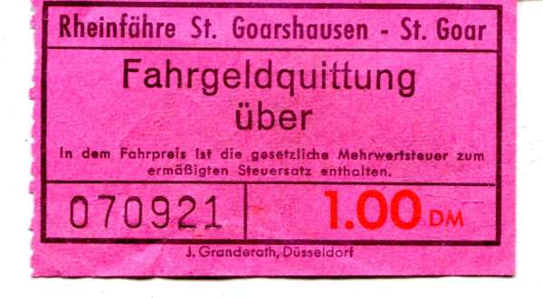 Fahrschein Rheinfähre St Goarshausen – St Goar 1 DM