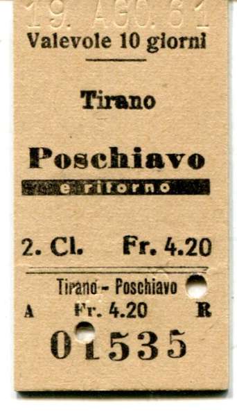 Fahrkarte Tirano – Poschiavo 1961