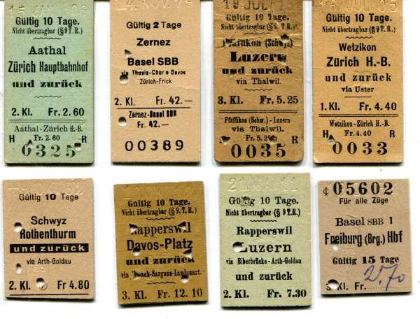 8 Fahrkarten Schweiz, teilweise geknickt und halbe Karten